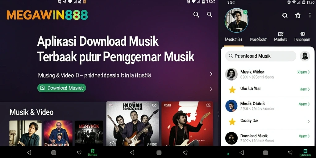 Screenshot aplikasi MEGAWIN888 yang menunjukkan antarmuka Download Musik yang menarik.