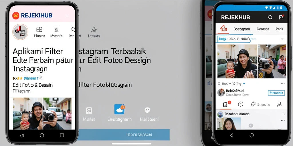 Antarmuka pengguna REJEKIHUB dengan berbagai pilihan filter Instagram.